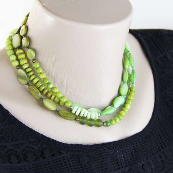 Mixed Green Colorblock Necklace Variegated Lime Green Olive Mixed Metal Silver Antique Brass Beaded Shell Glass Long Necklace