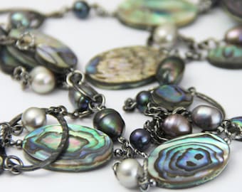 Day Dreams - Long Dreamy Beaded Adjustable Necklace Blue Green Paua Shell Metallic Mauve Gray Freshwater Pearls Gunmetal