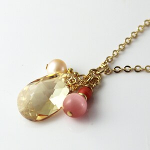Subtle Charm - Champagne Swarovski Crystal Drop Pendant Coral Pink Stone Freshwater Pearl Accent  Elegant Pendant Necklace