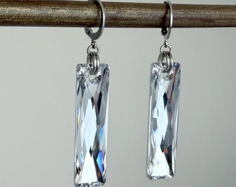 Twinkle Bars - Silver Clear Big Swarovski Crystal Dangle Earrings - Metallic Neutral Gray Diamond Drop Wedding Bridal Formal Fancy