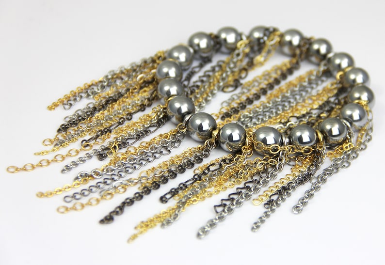 Mixed Metal Gold Fringe Beaded Silver Hematite Bracelet Multi Color Chain Fringe Gunmetal Silver 16kt Gold Plated Fringe Stretch Bracelet image 1