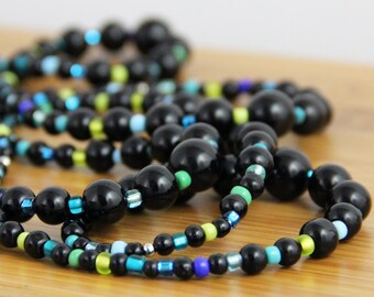 Blue Green Gradient - Colorful Royal Blue Teal Lime Green Black Graduated Beaded Necklace - Long Necklace Versatile