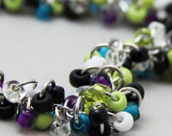 Lively Colorful Cluster Bracelet - Colorful Teal Blue Lime Green Purple Black White Beaded Silver Fun Multi Color Bracelet