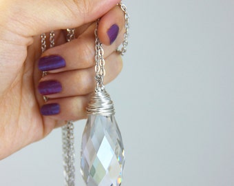 Colossal Crystal - Big Swarovski Crystal Pendant Long Silver Necklace - Giant Gray Crystal Neutral Elegant Layering Necklace