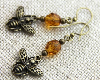 Honey Harvester II - Antique Brass Beaded Honey Bee Dangle Earrings Cute Bees Honey Tan Cognac Bronze Color Earrings