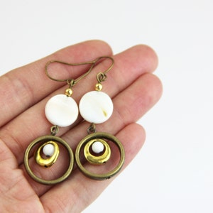 Neutral Gold Antique Earrings - White Beige Ivory Cream Natural Shell Antique Brass Gold Boho Everyday Dangle Earrings