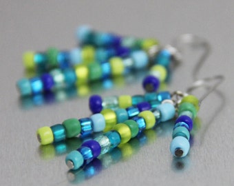 Confetti Lines - Royal Blue Turquoise Kelly Green Lime Teal Beaded Dangle Earrings Fun Playful Casual Bright Multi Color