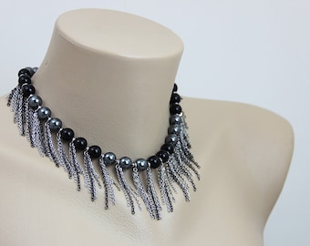 Metallic Silver Black Fringe Necklace - Multi Chain Fringe Hematite Black Beaded Gray Gunmetal Stainless Steel Chain Necklace Choker