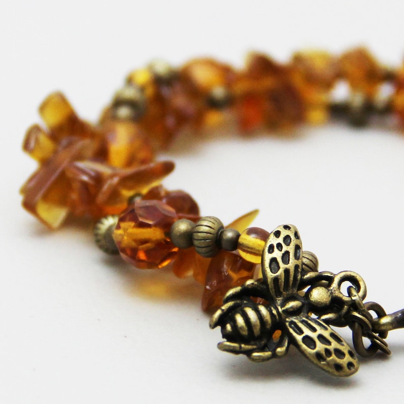 Flight of the Honey Bee Beaded Honey Bee Bracelet Amber Color Glass Antique Brass Bee Charm Bracelet Charming Boho
