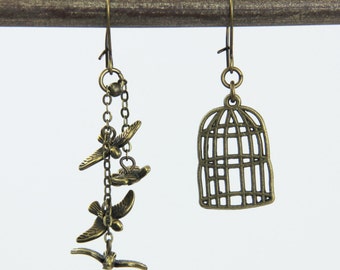 Out with Friends - Charming Bird Birdcage Antique Brass Bronze Asymmetrical Earrings Neutral Fun Woodland Flying Birds Dangle