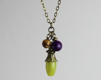 Forest Secret Pendant - Serpentine Stone Beaded Pendant Cluster Antique Brass Layering Necklace - Olive Green Purple Brown