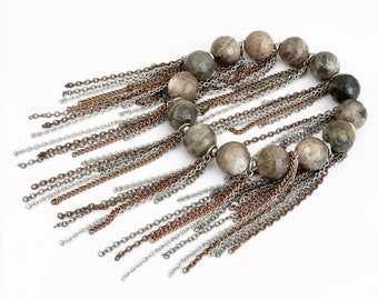 Desert Rain Brown Fringe Beaded Natural Faceted Stone Tassel Chain Bracelet Multi Chain Brown Silver Gray Gunmetal Copper Mixed Stretch