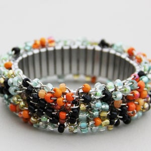 Mischief - Colorful Cluster Stretch Bracelet - Orange Mint Green Seafoam Black Marbled Beaded Statement Bangle Cha Cha Bracelet