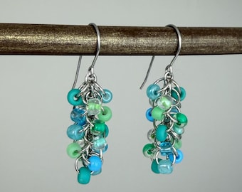 Caribbean Blue Teal Cluster Earrings Small Beaded Dangle Earrings Colorful Teal Pastel Sky Blue Turquoise Aqua Seafoam Mint Cute Bright