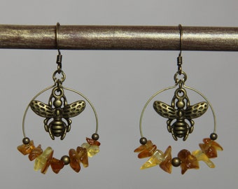 Honey Makers - Beaded Honey Bee Dangle Hoop Antique Brass Earrings - Cute Buzzing Bees Amber Honey Tan Cognac Color Earrings