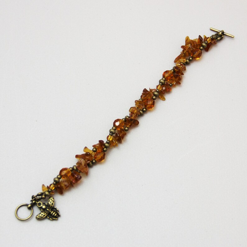 Flight of the Honey Bee Beaded Honey Bee Bracelet Amber Color Glass Antique Brass Bee Charm Bracelet Charming Boho