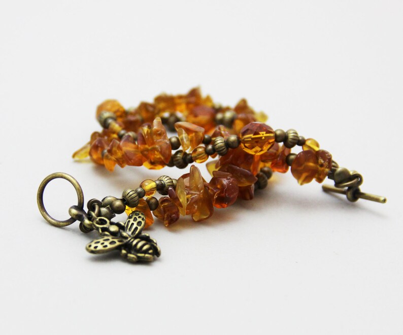Flight of the Honey Bee Beaded Honey Bee Bracelet Amber Color Glass Antique Brass Bee Charm Bracelet Charming Boho