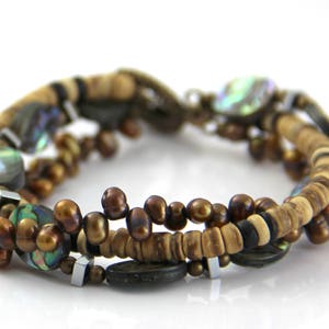 Natural Ocean Beauty - Earthy Ocean Nature Blue Green Paua Abalone Shell Brown Pearl Antique Brass Beaded Multi Strand Bracelet