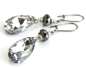 Midnight Twinkles - Silver Swarovski Crystal Dangle Earrings - Metallic Neutral Gray Diamond Drop Earrings