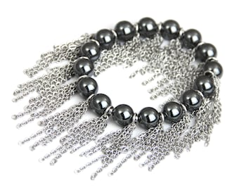Midi Fringe Bracelet - Metallic Dark Gray Hematite Stone Silver or Gold Fringe Bracelet - Mid Length Steel Multi Chain Stretch Bracelet