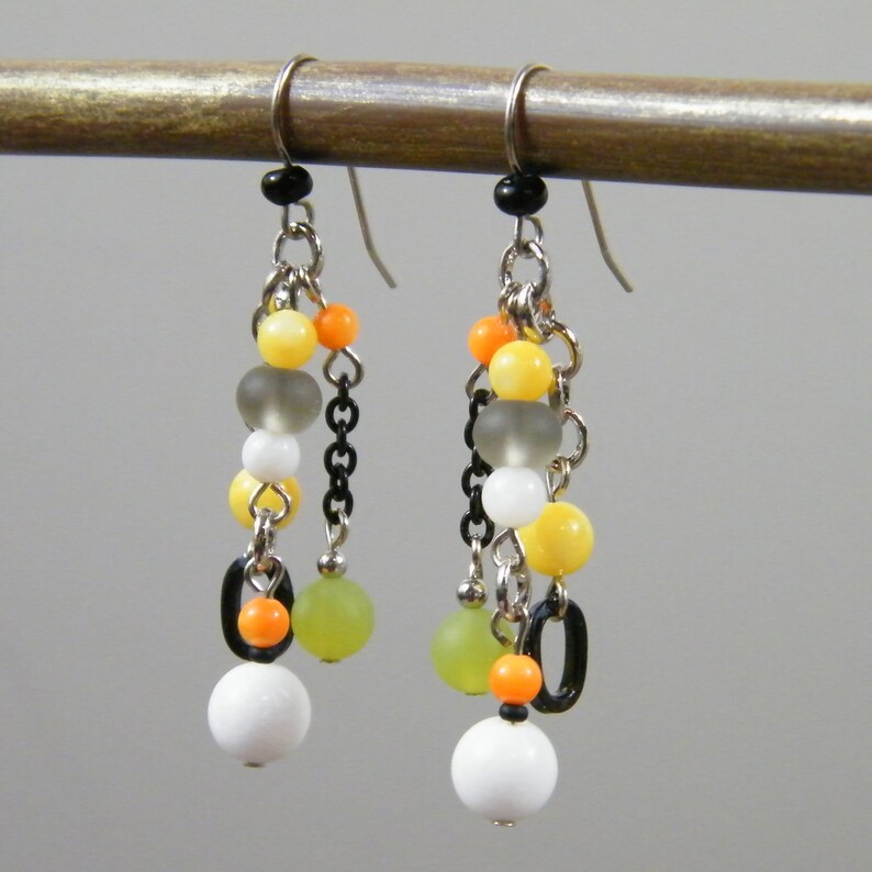 Colorful Orange Yellow Green Black White Stone Cluster Fun Modern Funky Edgy Earrings Random Citrus Drop Earrings