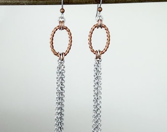 Copper Mixed Metal Silver Multi Chain Tassel Fringe Earrings - Long Metallic Neutral Versatile Modern Trendy Edgy Mixed Metal