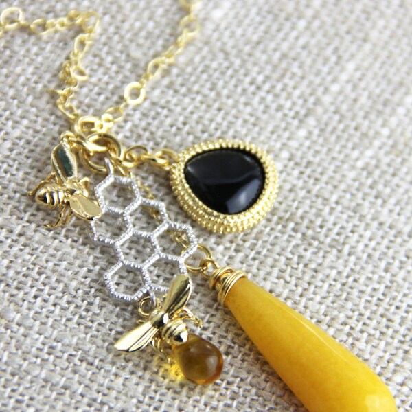 Busy Bee Pendant Necklace - Yellow Stone Teardrop Black Amber Glass Cluster Pendant Gold or Silver Chain Honeycomb Honey