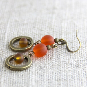 Pumpkin Spice Drop Earrings - Matte Rust Orange Brown Sienna Cognac Sea Glass Antique Brass Small Boho Autumn Dangle Earrings