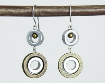 Geometric Mixed Metal Circle Earrings - Circle Silver Antique Brass Mixed Metal Dangle Earrings - Geometric Boho Bohemian Fun Modern