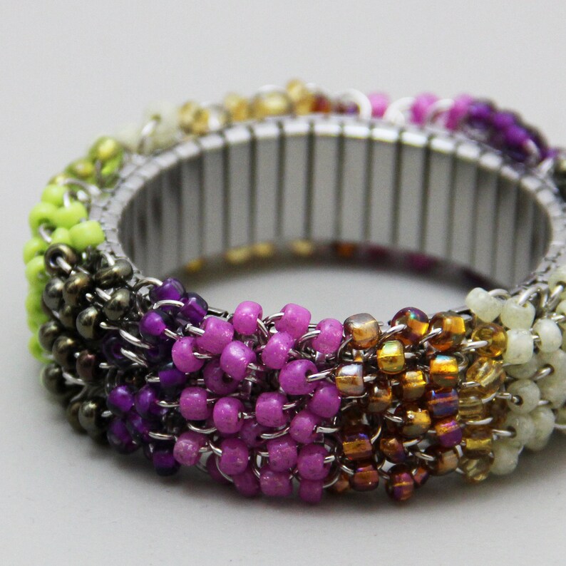 Garden Bangle Colorful Beaded Stripe Cluster Stretch Bracelet Fuchsia Pink Purple Lime Green Champagne Bronze Colorblock