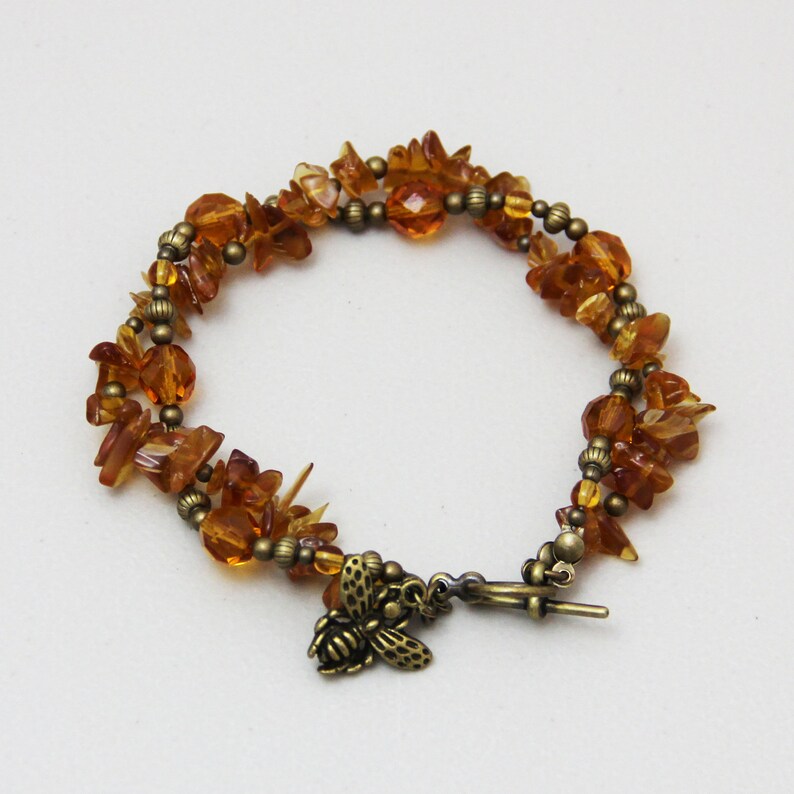 Flight of the Honey Bee Beaded Honey Bee Bracelet Amber Color Glass Antique Brass Bee Charm Bracelet Charming Boho