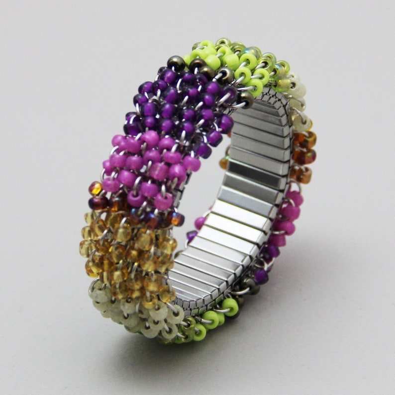 Garden Bangle Colorful Beaded Stripe Cluster Stretch Bracelet Fuchsia Pink Purple Lime Green Champagne Bronze Colorblock
