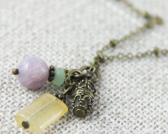 Antiquity Charm Pendant - Lilac Mint Champagne Stone Beaded Pendant Cluster Antique Brass Layering Necklace Purple Green Beige