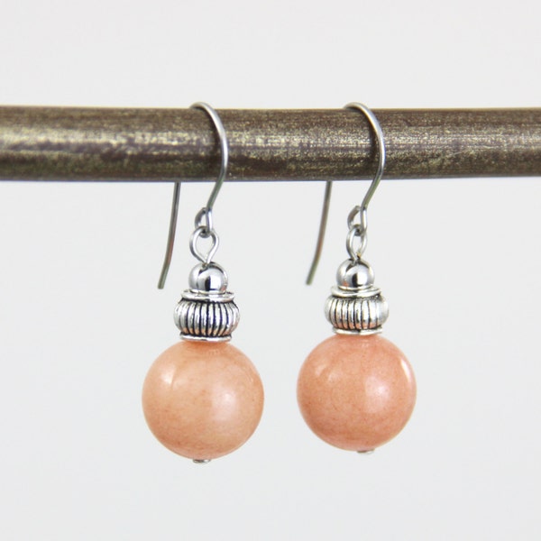 Short Peach Stone Drop Earrings - Small Peach Pink Salmon Stone Silver Earrings - Classic Simple Casual Small Dangle Earring