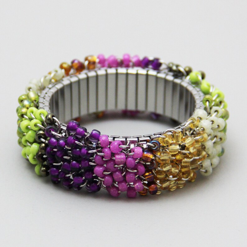 Garden Bangle Colorful Beaded Stripe Cluster Stretch Bracelet Fuchsia Pink Purple Lime Green Champagne Bronze Colorblock