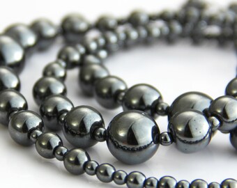 Hematite Gradient - Metallic Dark Gray Grey Hematite Long Beaded Necklace - Simple Casual Neutral Gunmetal Layering Necklace