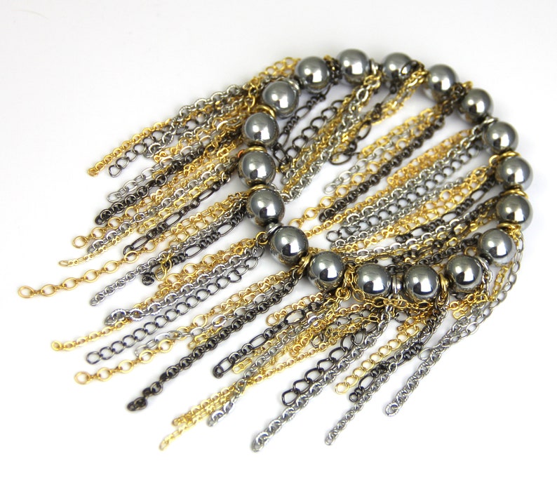 Mixed Metal Gold Fringe Beaded Silver Hematite Bracelet Multi Color Chain Fringe Gunmetal Silver 16kt Gold Plated Fringe Stretch Bracelet image 2