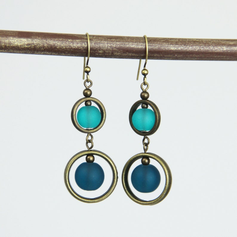 Antique Teal Drop Dangle Earrings Light Dark Teal Blue Aqua Sea Glass Antique Brass Circle Beaded Boho Earrings image 2