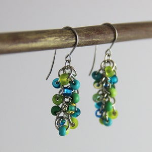 Teal Lime Cluster Earrings Small Beaded Dangle Earrings Colorful Teal Blue Turquoise Lime Green Cute Bright Earrings image 1