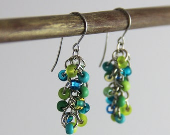 Teal Lime Cluster Earrings - Small Beaded Dangle Earrings - Colorful Teal Blue Turquoise Lime Green Cute Bright Earrings