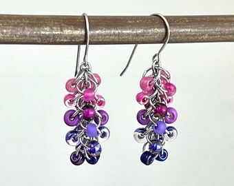 Pink Purple Ombre Cluster Earrings - Colorful Purple Pink Fuchsia Magenta Silver Small Short Cute Dangle Earrings