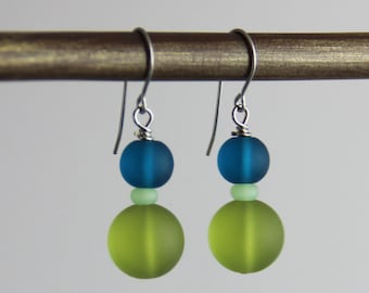 Peacock Drop Earrings - Matte Teal Green Seafoam Mint Sea Glass Beaded Dangle Earrings - Short Casual Everyday Earrings