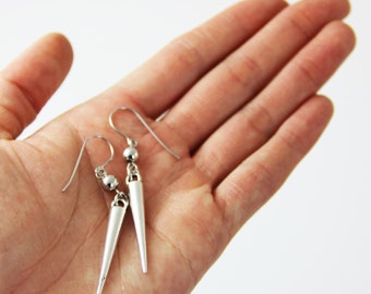 Small Spike - Metallic Silver Spike Dangle Drop Earrings - Short Small Cute Simple Silver Spiky Modern Metal Edgy Moto