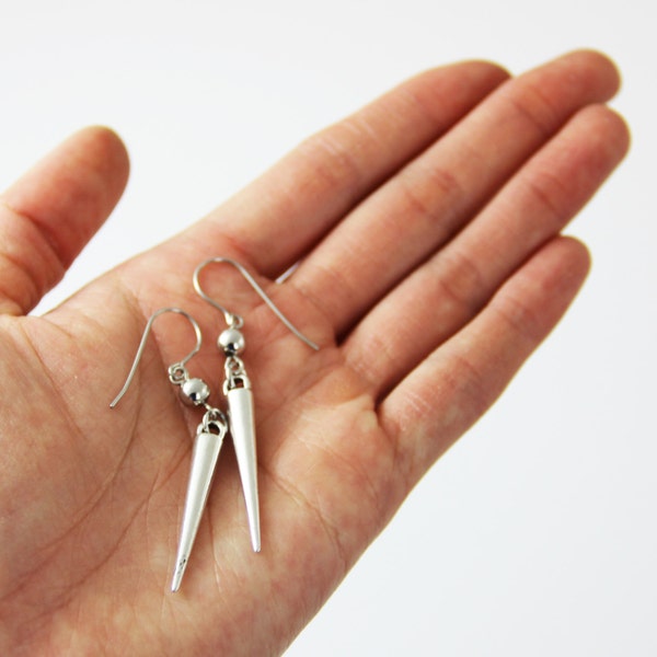 Small Spike - Metallic Silver Spike Dangle Drop Earrings - Short Small Cute Simple Silver Spiky Modern Metal Edgy Moto