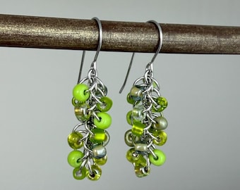 Lime Green Cluster Earrings - Small Beaded Dangle Earrings - Colorful Multi Lime Green Cute Bright Earrings