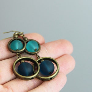 Antique Teal Drop Dangle Earrings Light Dark Teal Blue Aqua Sea Glass Antique Brass Circle Beaded Boho Earrings image 3