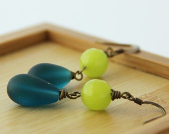 Compelling Vibes  -  Bright Bold Chartreuse Lime Green Faceted Stone Teal Sea Glass Teardrop Small Dangle Earrings Modern Earrings