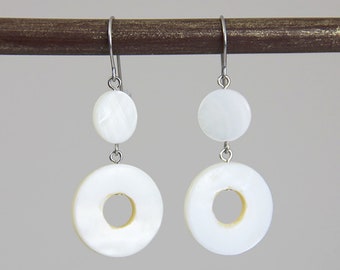 Zoom Donut Drops - White Cream Mother of Pearl Shell Silver Dangle Earrings - Small Mod Modern Neutral Trendy Simple Versatile Everyday