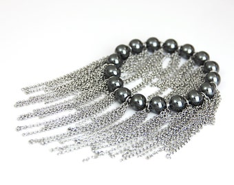 Hematite Bead Long Fringe Bracelet - Metallic Dark Gray Hematite Stone Silver Fringe Bracelet - Long Length Steel Chain Stretch Bracelet