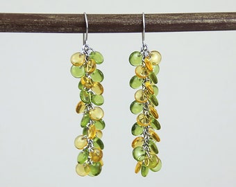 Amber Olive Cluster Earrings - Topaz Yellow Brown Lime Olivine Green Multi Color Small Beaded Long Dangle Beaded Earrings